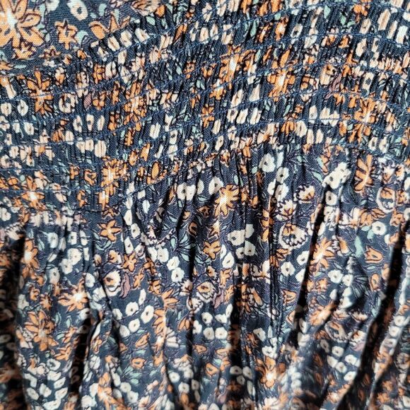 Angie Dress Medium Blue Ditzy Floral Plunge Neck Flutter Smock Waist Beach Boho - Picture 4 of 11